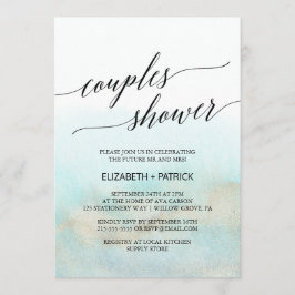 アクアと金ゴールドの水色ビーチカップルのシャワー 招待状