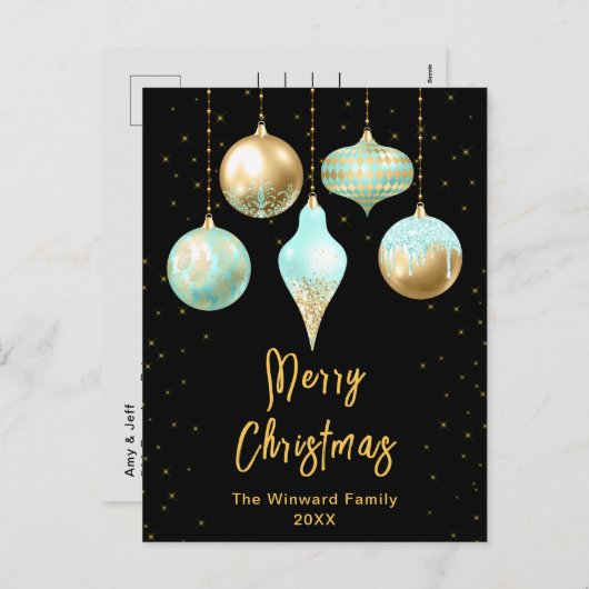 アクアと金ゴールドオーナメントメリークリスマス シーズンポストカード (正面/裏面)