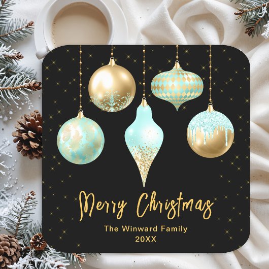 アクアと金ゴールドオーナメントメリークリスマス スクエアペーパーコースター