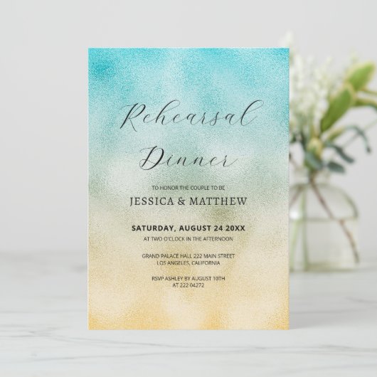 アクアと金ゴールドグラデーションフォイルのリハーサル 招待状 (スタンド正面)
