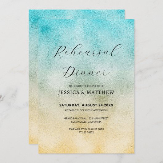 アクアと金ゴールドグラデーションフォイルのリハーサル 招待状 (正面/裏面)