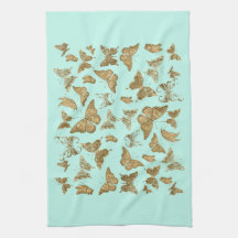 アクアと金ゴールドバタフライキッチンタオル