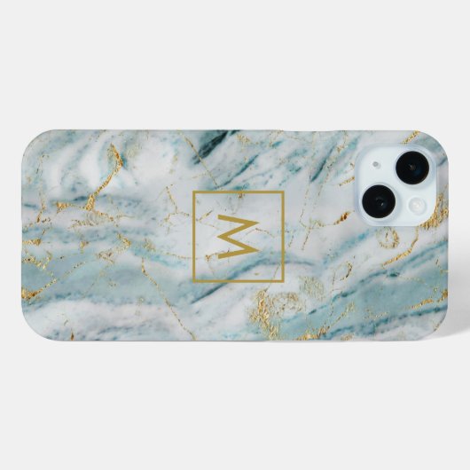 アクアと金ゴールドプリント大理石のテクスチモノグラムのャ Case-Mate iPhoneケース (裏面 (横))
