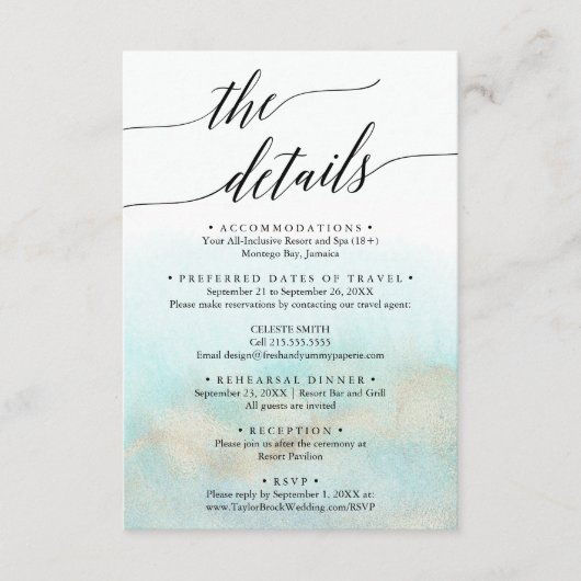 アクアと金ゴールド宛先ウェディングトラベル詳細 エンクロージャーカード (正面)