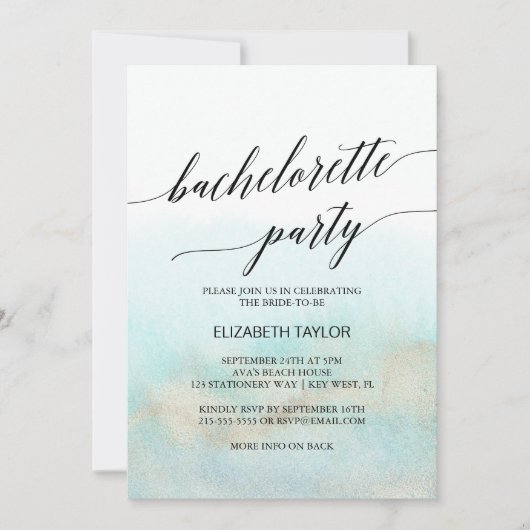 アクアと金ゴールド水彩ビーチバチェロレッテ 招待状 (正面)