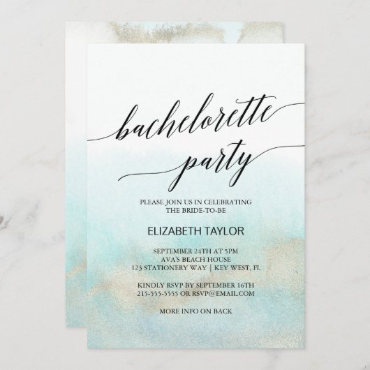 アクアと金ゴールド水彩ビーチバチェロレッテ 招待状 (正面/裏面)