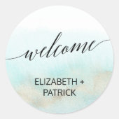アクアと金ゴールド水彩ビーチ結婚式へようこそ ラウンドシール (正面)