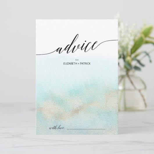 アクアと金ゴールド水彩ビーチ結婚式 アドバイスカード (スタンド正面)