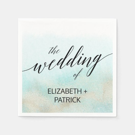 アクアと金ゴールド水彩ビーチ結婚式 スタンダードカクテルナプキン (正面)