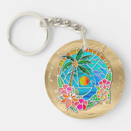 アクアと金ゴールド海パームツリーサマーランドスケープ キーホルダー