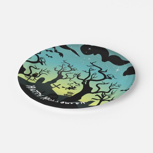 アクアと黄色の幽霊のよく出る墓地ハロウィーン ペーパープレート (アングル)