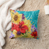アクアに赤、黄、紫の花 クッション (ブランケット)