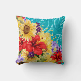 アクアに赤、黄、紫の花 クッション