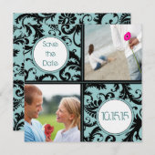 アクアのダマスクに黒のウェディング・セーブ・ザ・デート 招待状 (正面/裏面)