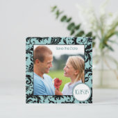 アクアのダマスク柄のフォトブラックウェディング・セーブ・ザ・デート 招待状 (スタンド正面)