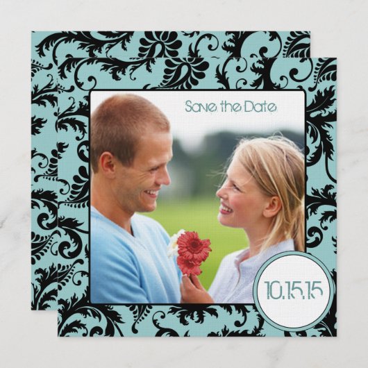 アクアのダマスク柄のフォトブラックウェディング・セーブ・ザ・デート 招待状 (正面/裏面)