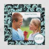 アクアのダマスク柄のブラックフォト ウェディング・セーブ・ザ・デート 招待状 (正面/裏面)