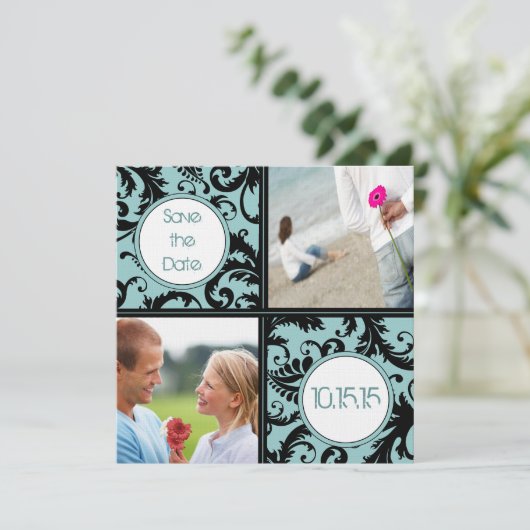 アクアのダマスク柄の結婚式 Save the Date 招待状