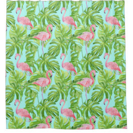 アクアの熱帯の葉のピンクのフラミンゴ シャワーカーテン