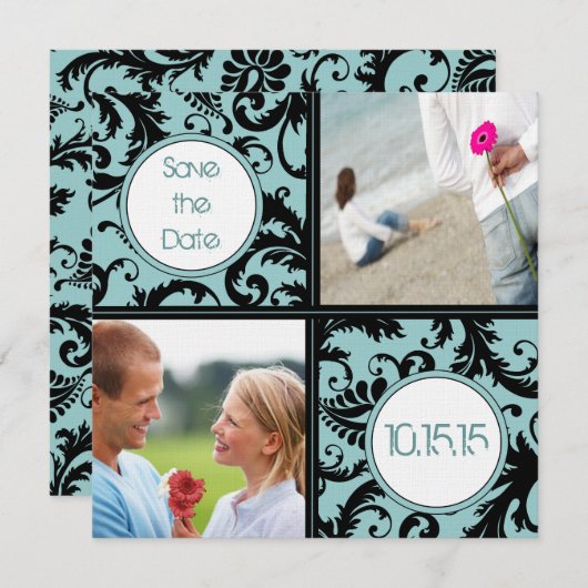 アクアの背景にブラックのダマスク柄のウェディング・セーブ・ザ・デート 招待状 (正面/裏面)