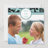 アクアの背景にブラックダマスクの結婚式お知らせカード 招待状 (正面)