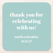 アクアはっきりしたブルーレトロカスタムウェディングサンキュー スクエアペーパーコースター (正面)