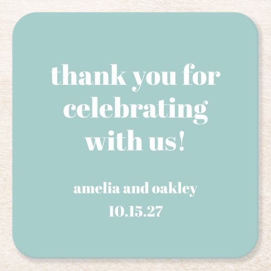 アクアはっきりしたブルーレトロカスタムウェディングサンキュー スクエアペーパーコースター (正面)