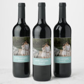 アクアはっきりしたブルーレトロカスタムウェディングフォト ワインラベル (ボトル)