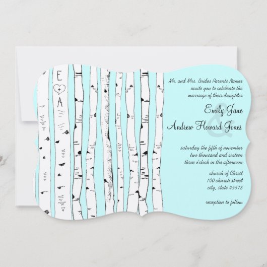 アクアまたは任意のカラー樺の木ツリー結婚式招待状 招待状 (正面)