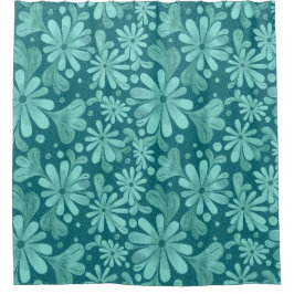 アクアよくはしゃぐ花びらとティール（緑がかった色）シャワーカーテン シャワーカーテン