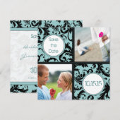 アクアを基調としたブラックダマスクの結婚式お知らせカード セーブザデート (正面/裏面)