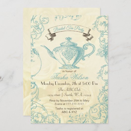 アクアアイボリーバラヴィンテージブライダルティー招待状 招待状 (正面/裏面)