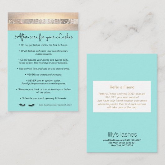 アクアアイラッシュエクステンションアフターケアの手順 紹介カード (正面/裏面)