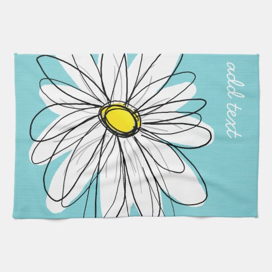 アクアアンドイエローお洒落デイジーカスタム文字 キッチンタオル (横)
