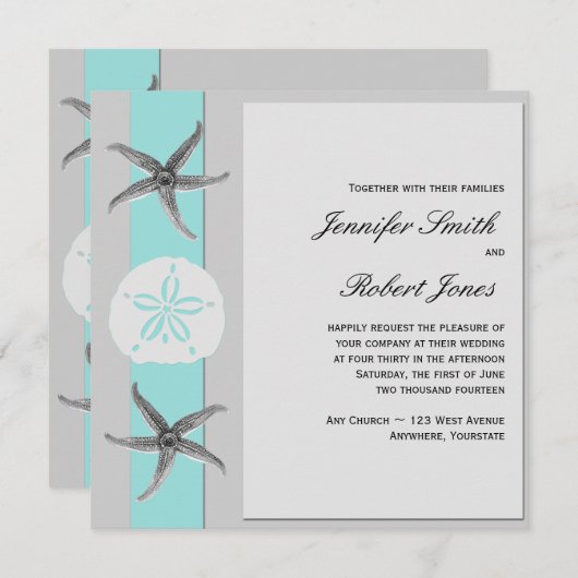 アクアアンドグレーバンドスターフィッシュ結婚式招待状 招待状 (正面/裏面)