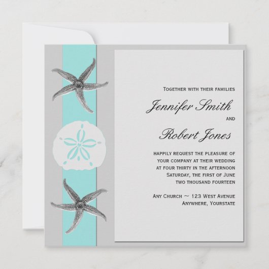アクアアンドグレーバンドスターフィッシュ結婚式招待状 招待状 (正面)