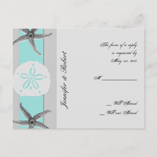 アクアアンドグレーバンドスターフィッシュRSVPポストカード インビテーションポストカード (正面)