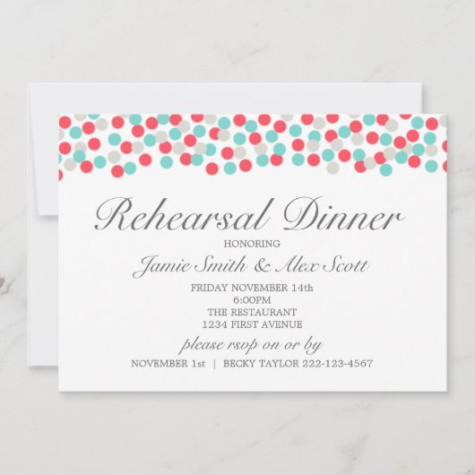 アクアアンドコーラル水玉模様リハーサルディナー招待状 招待状 (正面)