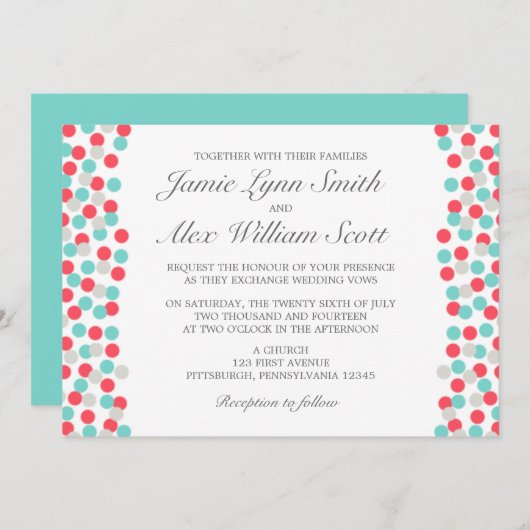 アクアアンドコーラル水玉模様結婚式招待状 招待状 (正面/裏面)