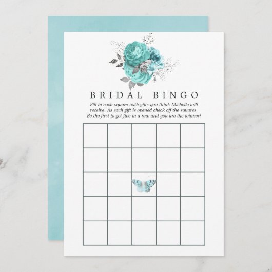 アクアアンドシルバーヴィンテージシャビーバラブライダルシャワー 招待状 (正面/裏面)