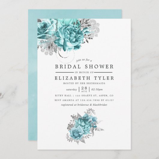 アクアアンドシルバーヴィンテージシャビーバラブライダルシャワー 招待状 (正面/裏面)