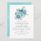 アクアアンドシルバーヴィンテージシャビーバラ結婚ズ 招待状 (正面/裏面)