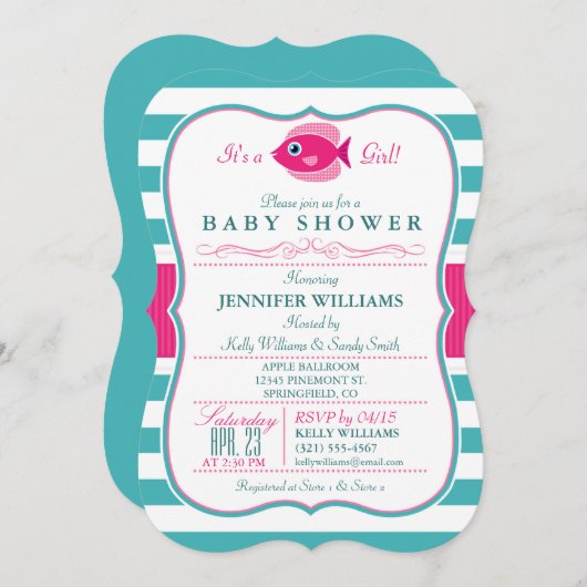 アクアアンドピンクフィッシュベビーシャワー招待状 招待状 (正面/裏面)