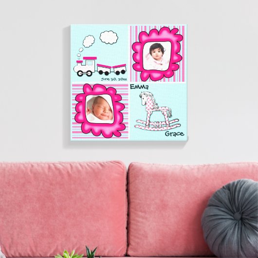 アクアアンドピンクベビーフォト子供部屋ウォールデコール キャンバスプリント (インサイチュ (リビング))