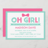 アクアアンドピンク水玉模様オガールベビーシャワー 招待状 (正面/裏面)