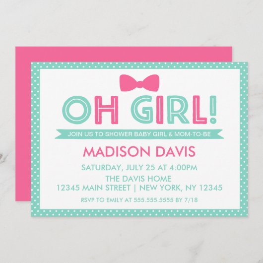 アクアアンドピンク水玉模様オガールベビーシャワー 招待状 (正面/裏面)