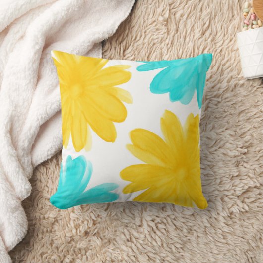 アクアイエローウォーターカラーフラワーズ装飾用クッション クッション (ブランケット)