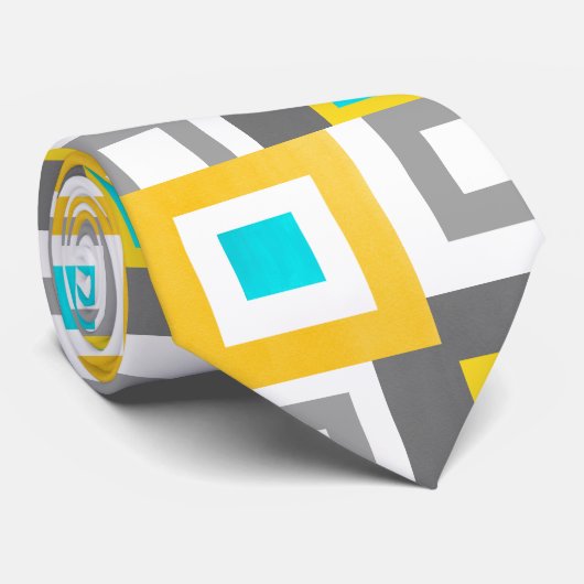 アクアイエローグレイ幾何学正方形パターン ネクタイ (ロール)