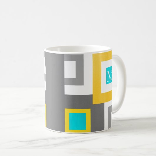 アクアイエローグレーホワイトジオメトリカラーブロック コーヒーマグカップ (正面右)
