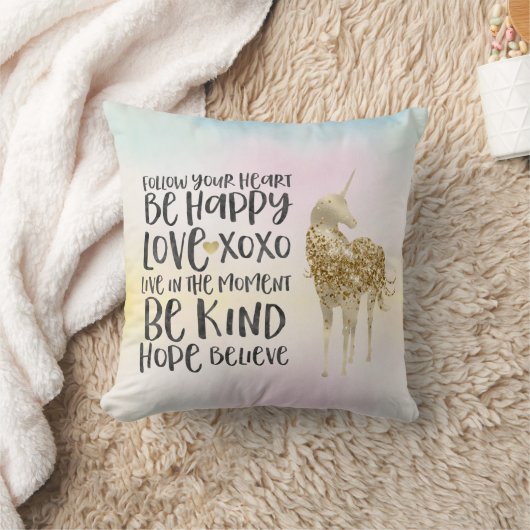 アクアイエローピンク水彩ユニコーン感動的 クッション (ブランケット)